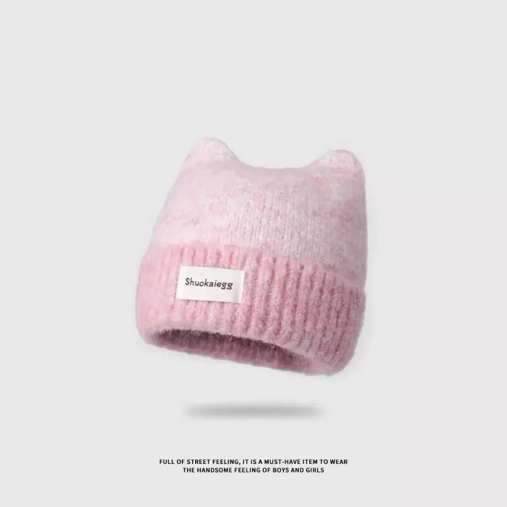 Color Block Cat Ear Knit Beanie for Women Winter Warm Cute Slouchy Hat Cartoon Versatile Couple Streetwear Cold Weather Cap