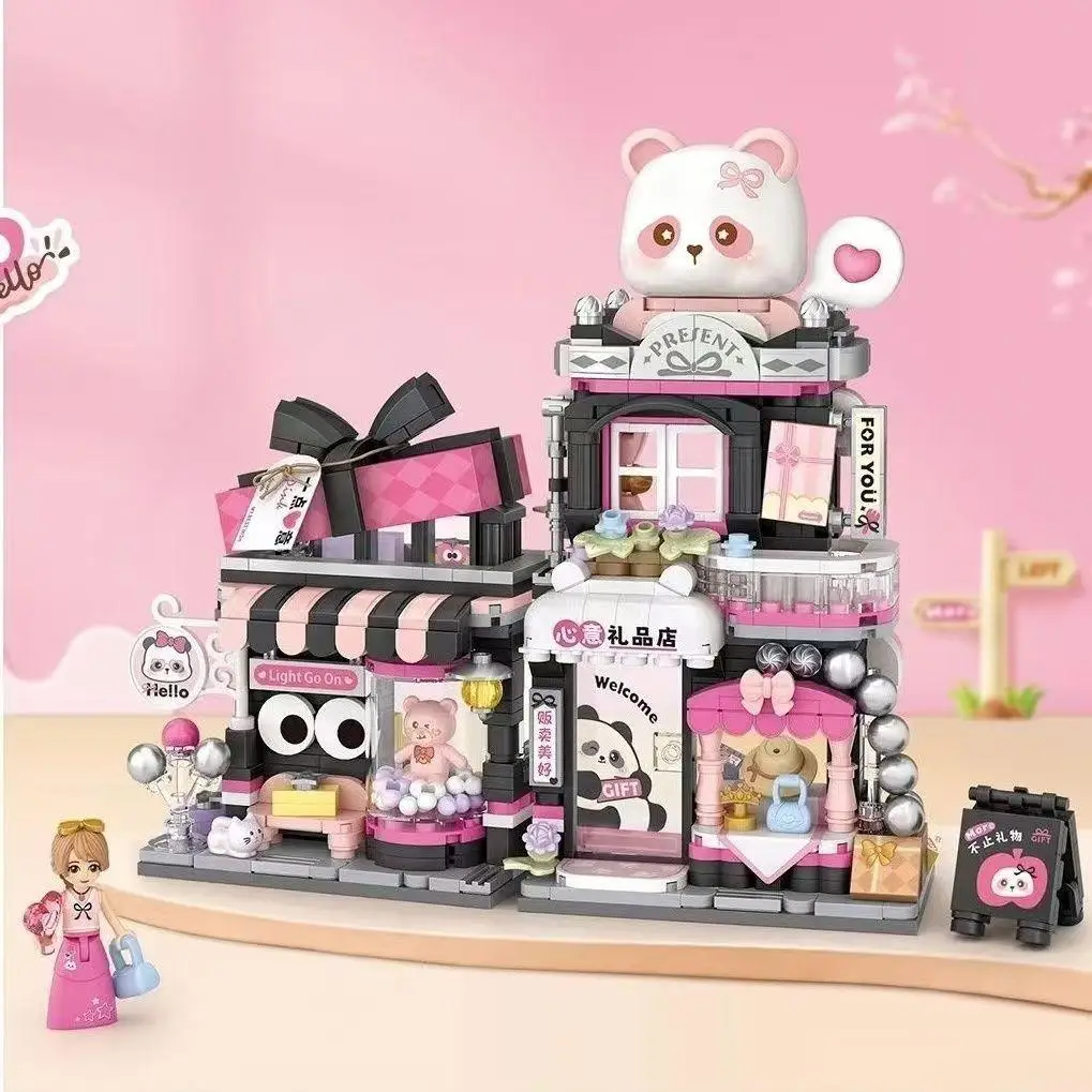 Bricolage grande maison de chat orange à la main mini vue sur la rue panda coeur boutique de cadeaux épissage bloc de construction jouet cadeau en gros