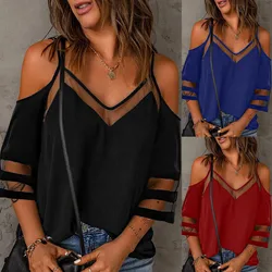 Camis Mesh Patchwork Women Blouses Sexy Off Shoulder Solid Suspenders Short Sleeve Vest Stitching Tops Loose TShirt Blouse Blusa