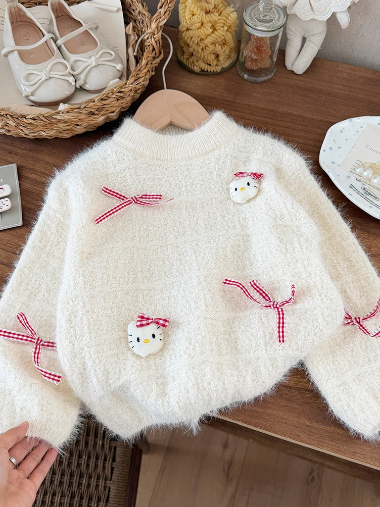 Thiened Rabbit Fur Knitted Sweater for Girls Autumn Winter  Knot Outerwear Soft Warm Long Sve round Ne Top