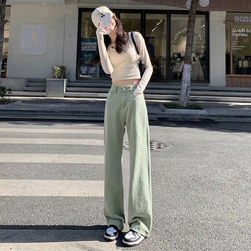 Mint Green High Waist Wide Leg Jeans Summer Y2k Women\'s Jeans Cotton Elastic Loose Mopping Straight Trousers Skinny femme