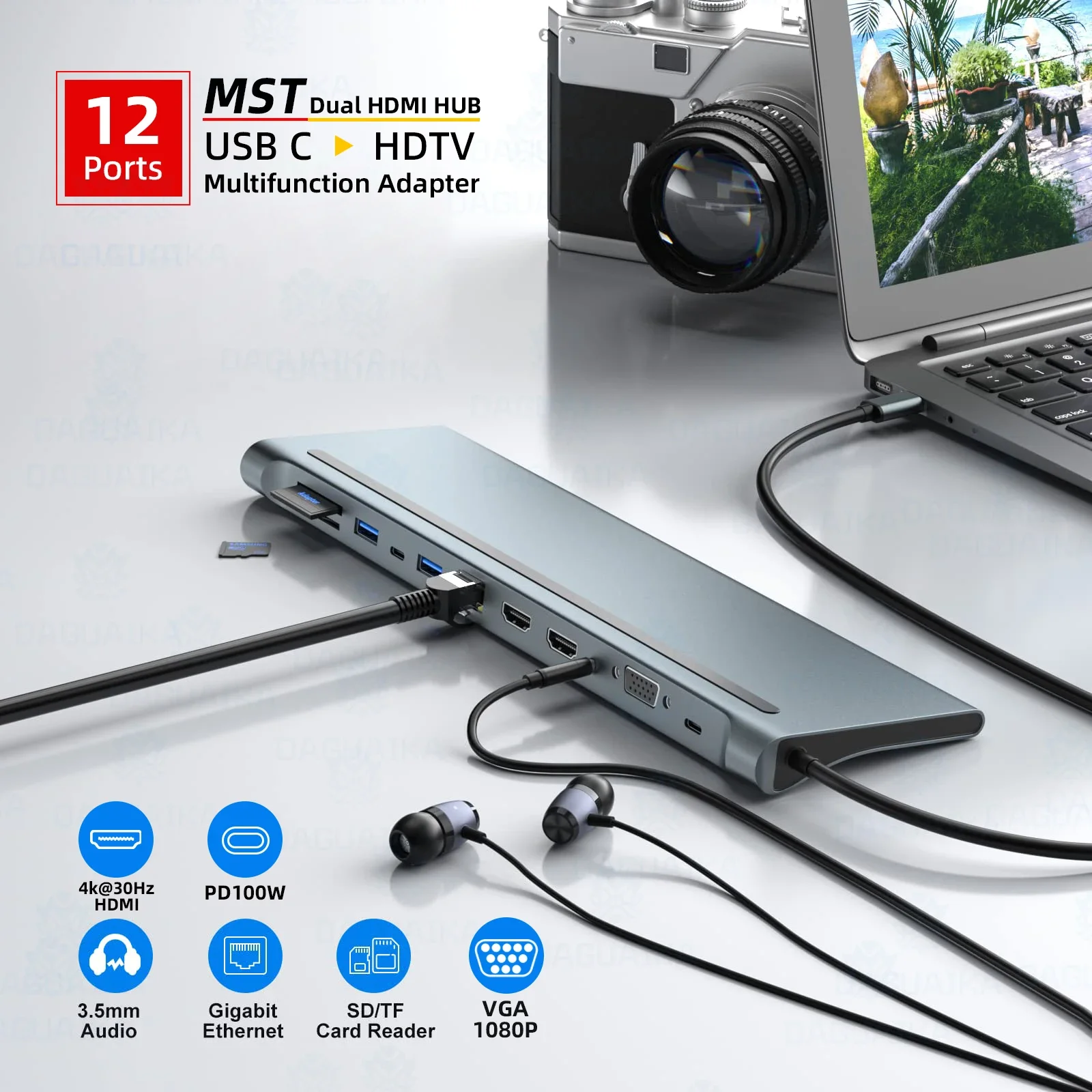 12 in 1 MST USB C yerleştirme istasyonu USB portları ile çift 4K HDMI VGA 3.5 ses PD 100W SD TF Ethernet Laptop için MacBook Dell XPS