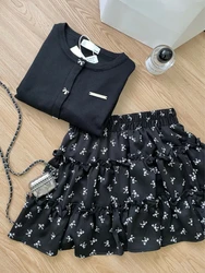 Zimowa moda Casual Print 2-częściowy zestaw damski High Street z długim rękawem Solidny dzianinowy kardigan z dekoltem w szpic + elegancka spódnica z wysokim stanem