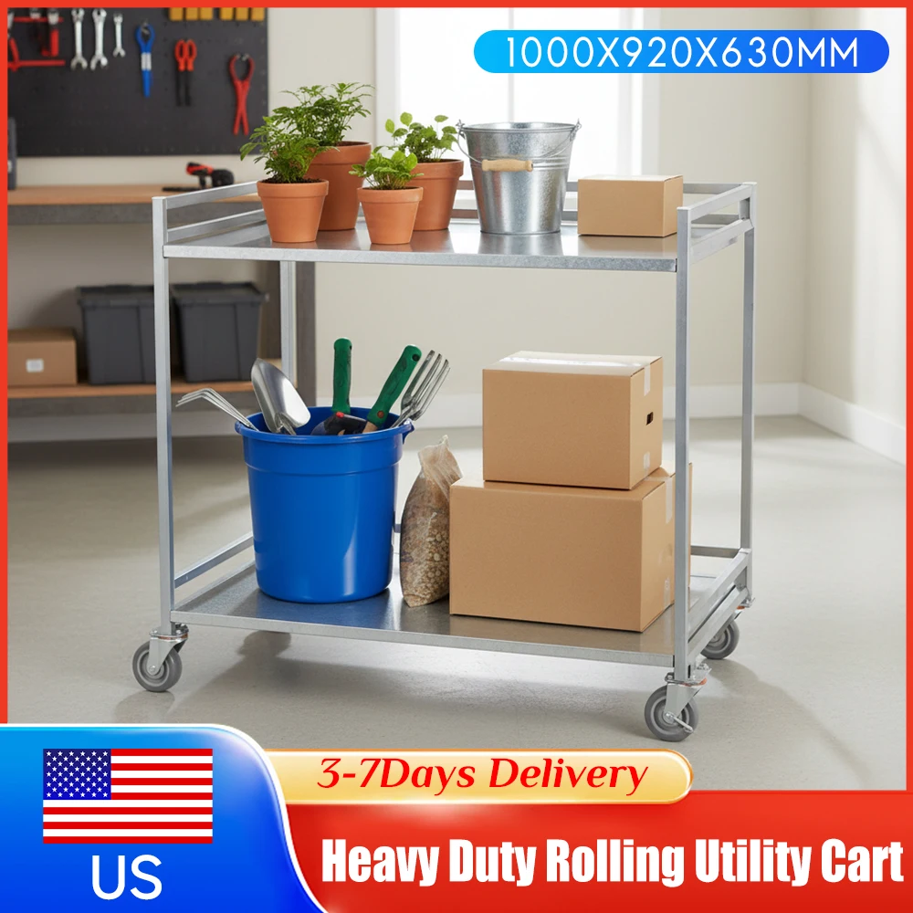

2-Shelf Rolling Utility Service Cart with Wheels Handle 660lbs for Restaurant Kitchen Warehouse Garage Cleaning Manufacturing