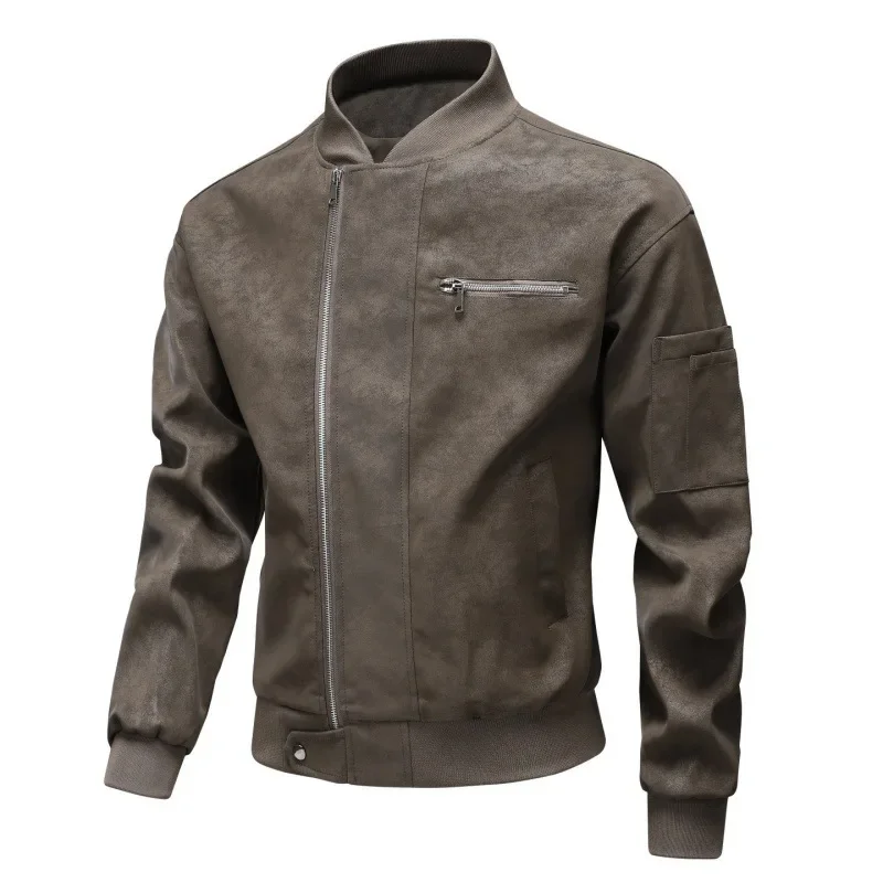 

Autumn Men Leather Jacket Streetwear Motorcycle Punk Stand Collar Male Coat Pocket Zipper Long Sleeves Loose Man Outerwear