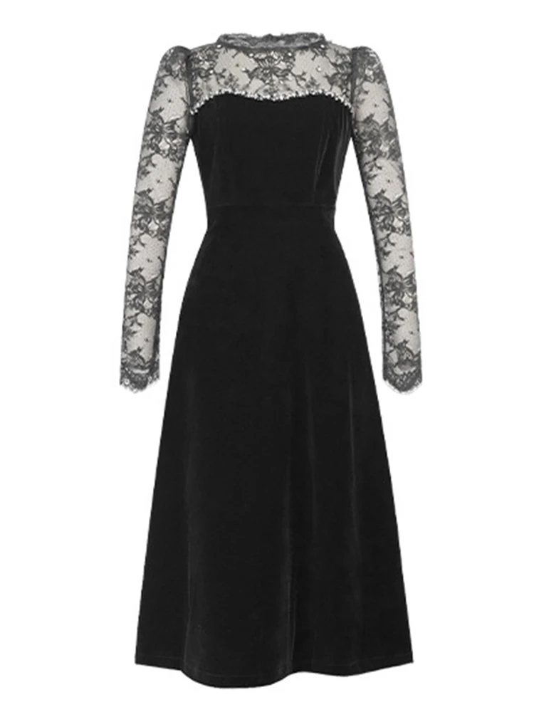 Frauen Französisch Elegante Abend Party Kleider Exquisite Sheer Spitze Schwarz Diamanten Tasche Schaukel Robe Weibliche Party Bankett Vestidos