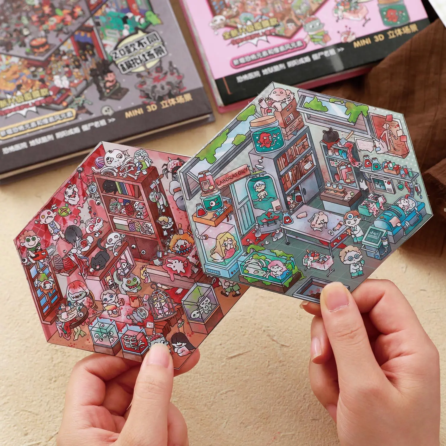 Libro de pegatinas de cabaña emergente 3D, escena de Diorama en miniatura DIY de la serie Horror Town, colección de pegatinas de papel hechas a mano de 51 Uds.