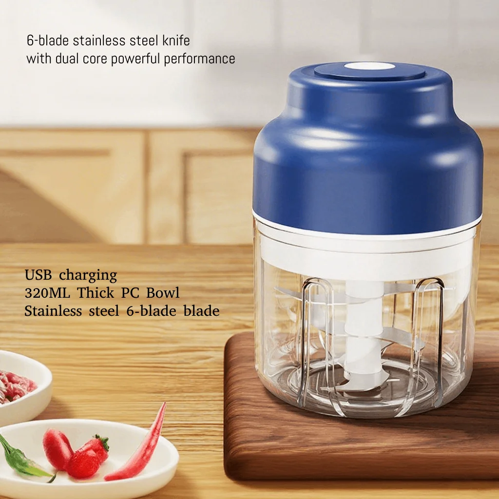 Tritatutto elettrico per aglio a doppio motore Robot da cucina ricaricabile USB Acciaio inossidabile 6 lame affilate Ciotola per PC resistente da 350 ml