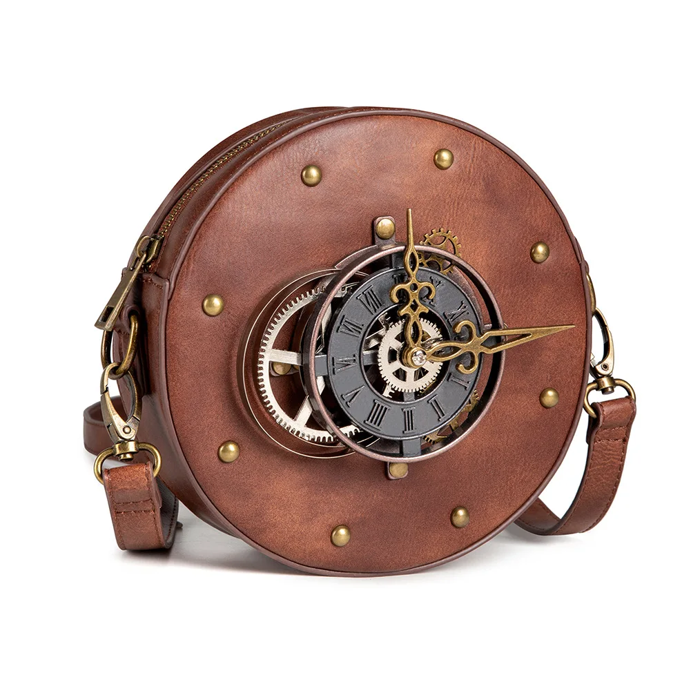 Women PU Handbags Clock Bag Genuine Work Steampunk Style Purse Chain Shoulder Bag Handicraft Art Simulation Retro Crossbody Bags