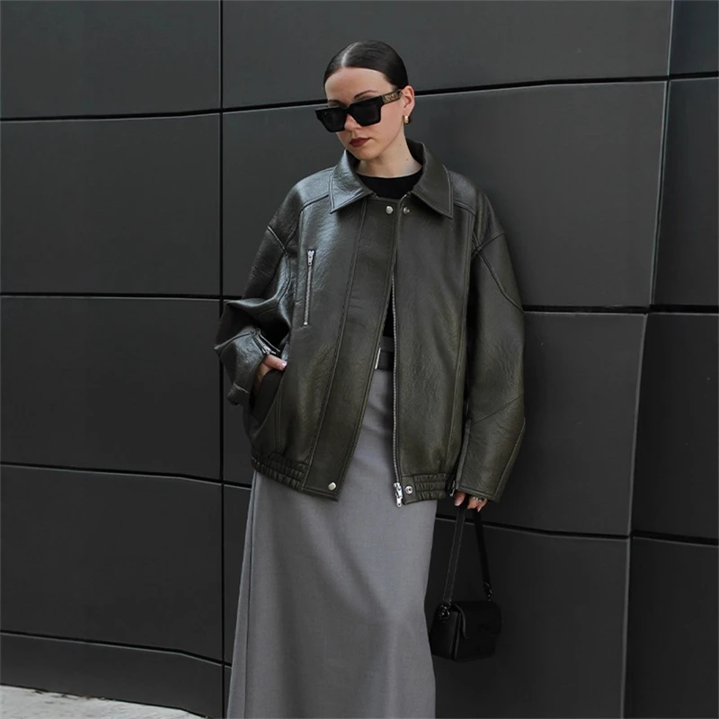 Mode Groene Leren Jas Vrouwen Stand Kraag Lange Mouw Rits Loose Fit Outerwears Nieuwe Herfst Chic Straat Pendelen Dame Tops