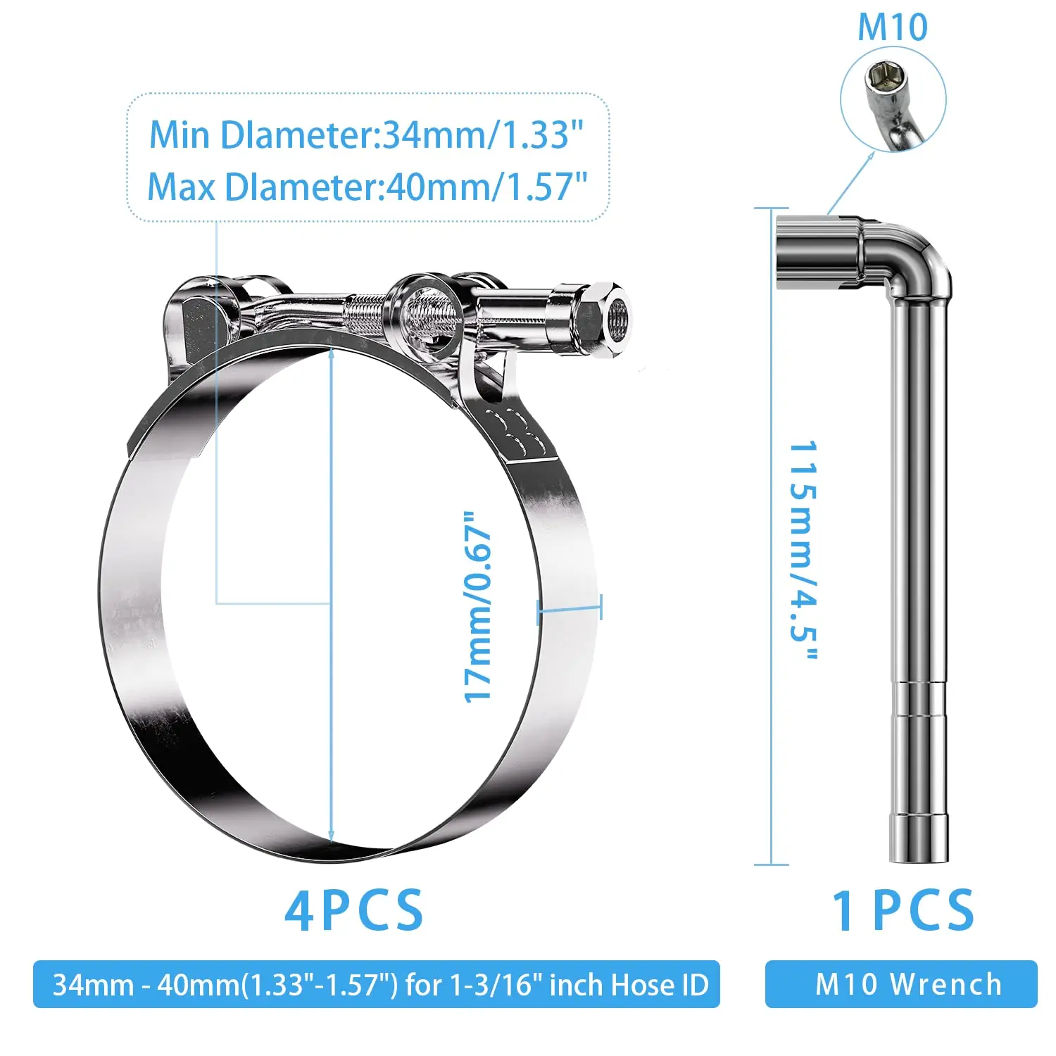 4pcs Hose Clamps with Wrench Clips 304 Stainless Steel Heavy Duty T Bolt Exhaust 34-65mm Fastener Turbo Intake Intercooler Clamp