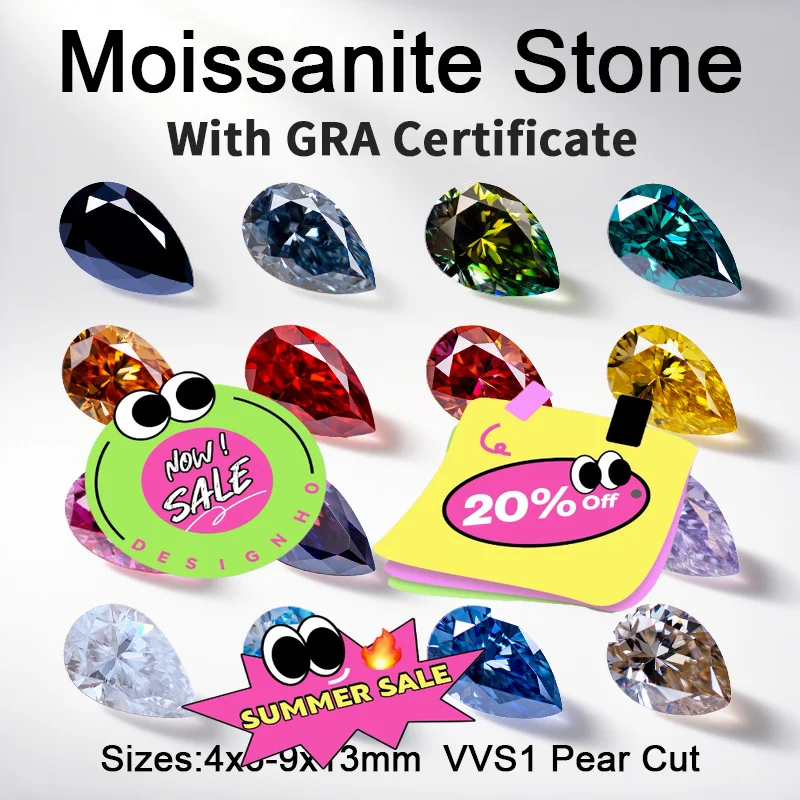 New Moissanite Stone Gemstone Pear Shape VVS1 Multiple Colors Charms Beads for DIY Jewelry Earrings Making with GRA Certificate