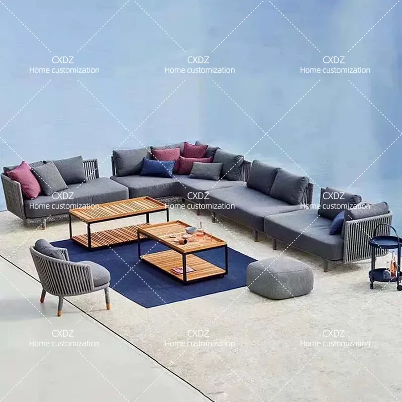 Outdoor Rattan Sofa Set Waterproof Garden Furniture Villa Courtyard Balcony Leisure Chair Sun Protection Deck Seating for