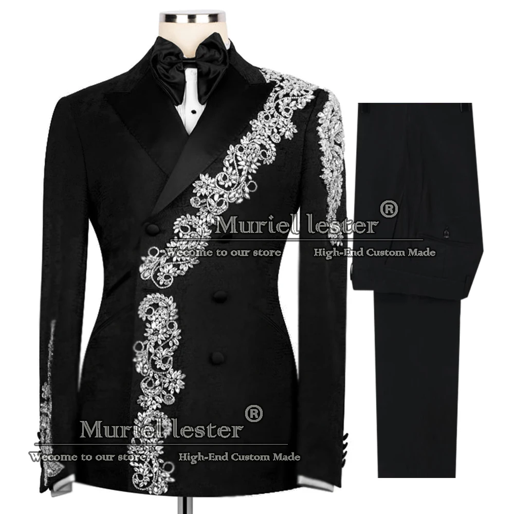

Jewelry Stones Suits Men For Wedding Double Breasted Jacket Pants 2 Pieces Groom Tuxedos Customized Man Evening Party Clothing