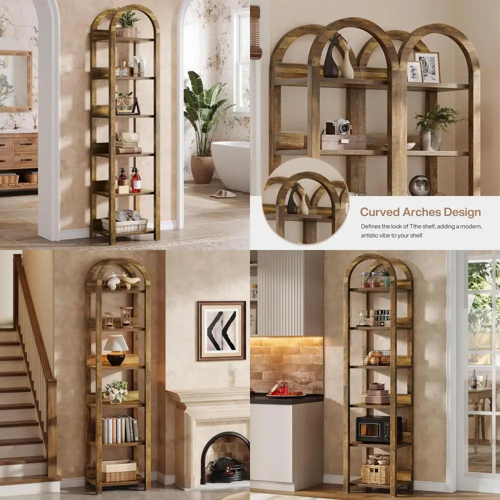

6-Tier Narrow Bookshel, 71" Tall Arched Bookcase with Shelves or Small Space, Skinny Wooden Display Shel Open Storage Rack or Li