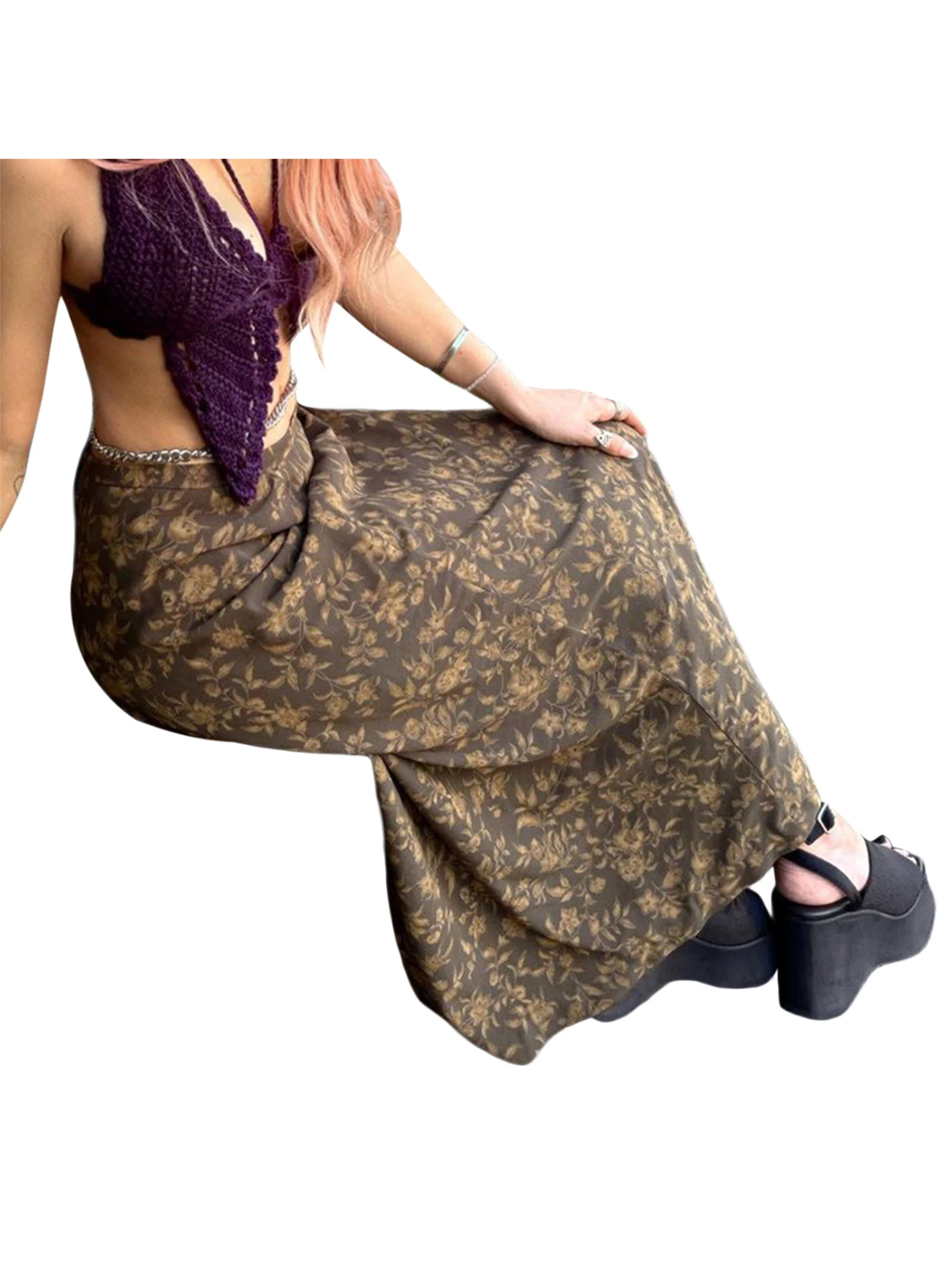 

Elegant Floral Print Midi Skirt Vintage Style High Waist A-line Skirt Available in Sizes S M L