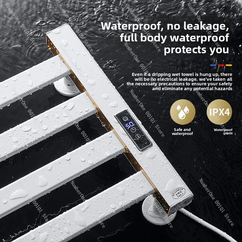 Bathroom electric towel holder, black intelligent folding design, multi-functional heating and drying after bathing
