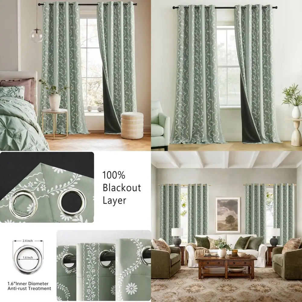 

Sage Green 9ft Double Panel Blackout Curtains for Living Room and Bedroom with Boho Style