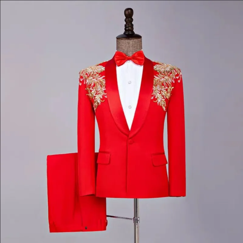 

Red White Men's 2-Piece Suit Sequin Blazer And Pants Set Evening Party Banquet Wedding Stage Performance And Singer Show Outfit