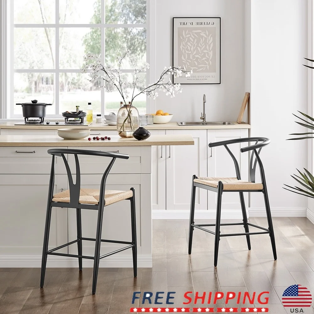 

Metal Wishbone Bar Stool Indoor Set of 2 Stylish Design with Armrests Comfortable Rope Seat Black Finish