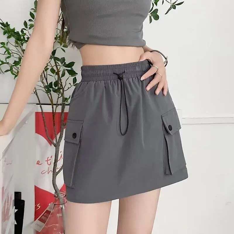 Grau Arbeitskleidung Mini Rock Frauen Sommer Dünne Hohe Taille A-Line Breite Bein Abnehmen Schnell Trocken Kurzen Rock Hosen Frauen Streetwear