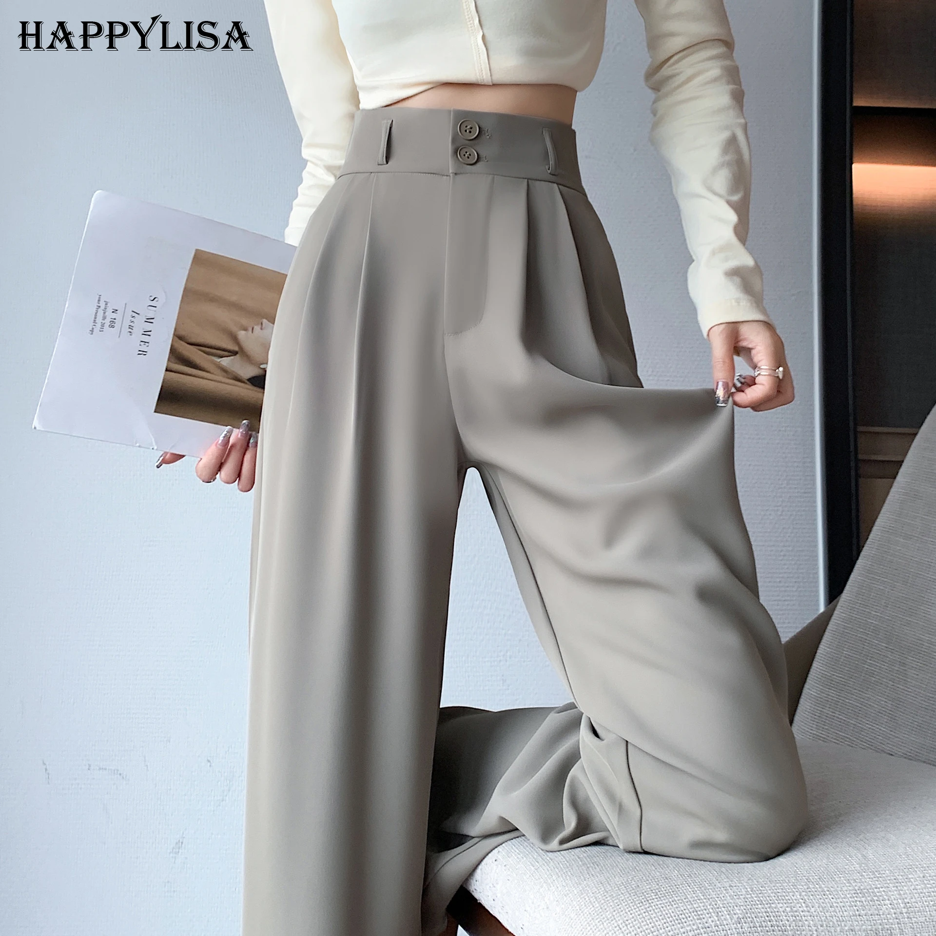 

Women Spring Summer Long Suit Pants Ladies Office High Waist Wide Leg Straight Loose Pant Female Casual Trousers P14