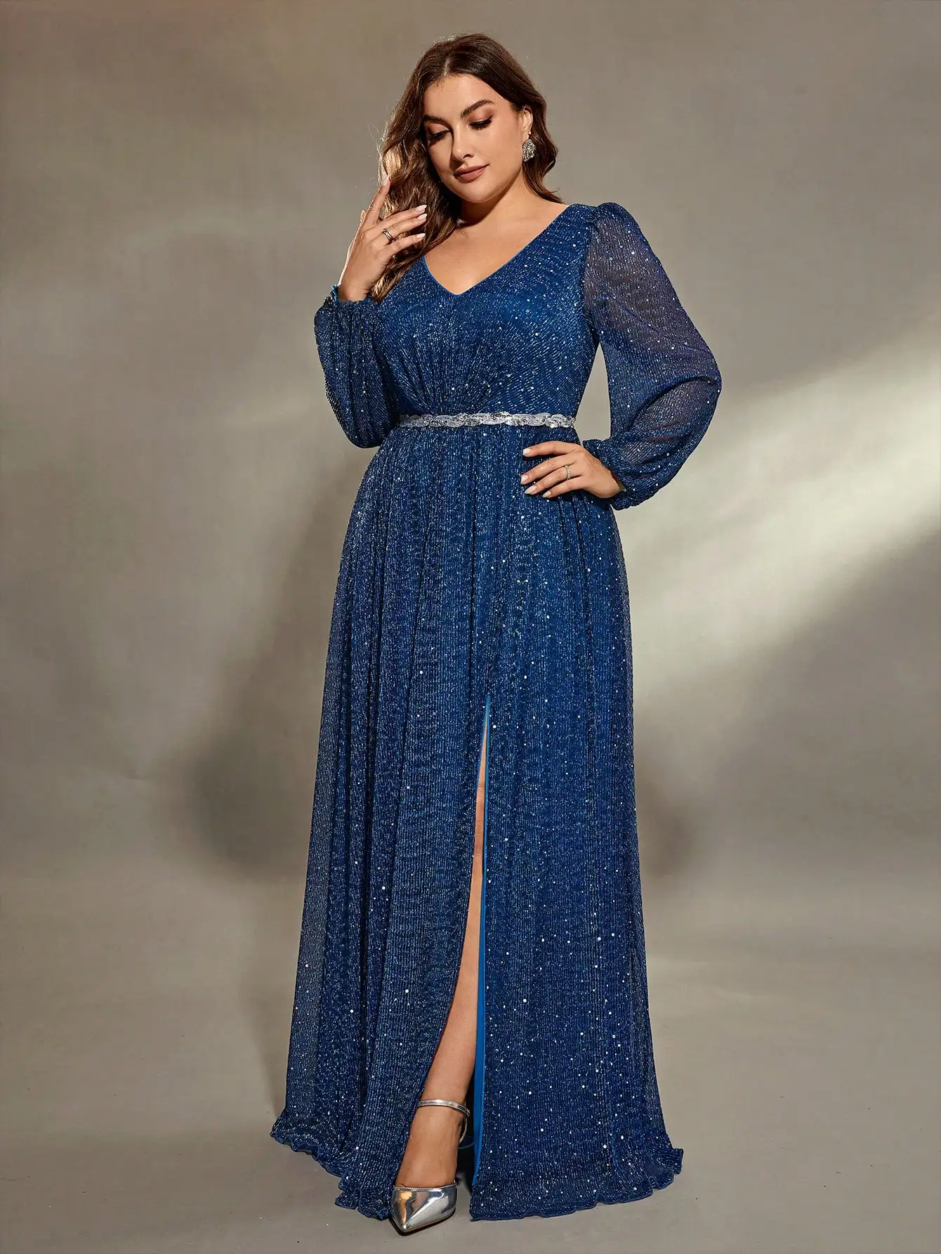 Mgiacy  plus size V-neck lantern Long sleeve chest pleats waist sequin webbing net slit A full skirt Evening gown Ball dress