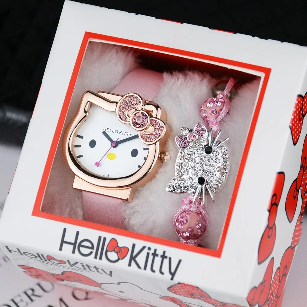 

Hello Kitty Fashion Watch Gift Box New Kawaii Anime Sanrios Cute Cartoon Watch To Send Diamond Bracelet Holiday Gifts for Girls