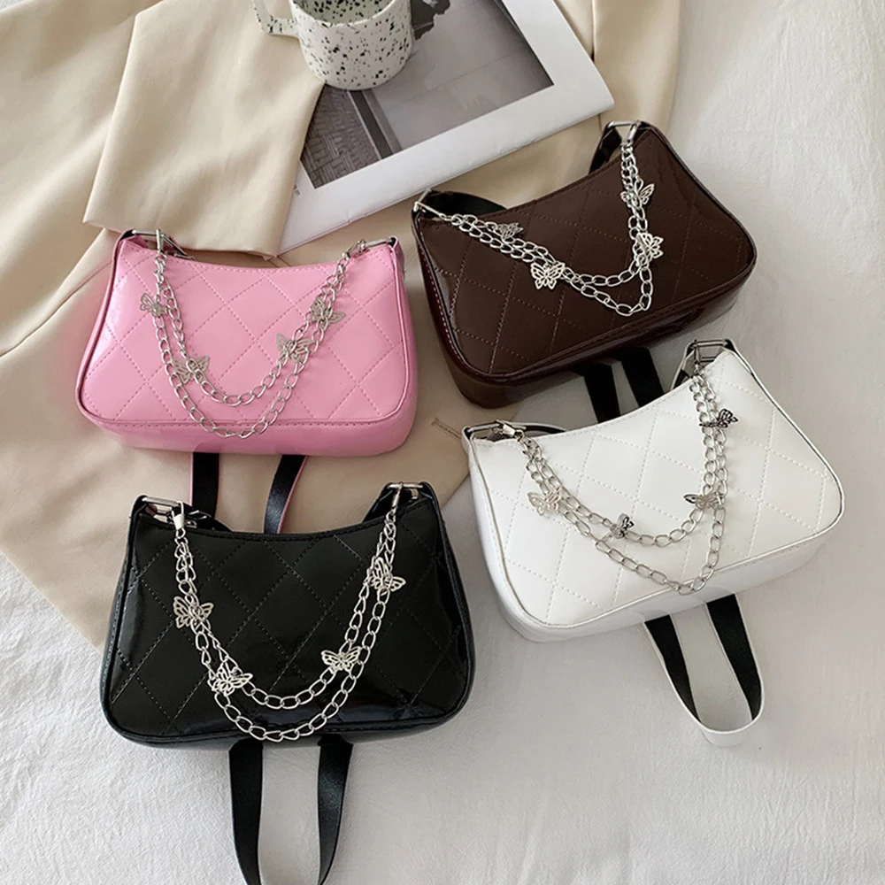 Diamond Pattern PU Leather Shoulder Bag Butterfly Chain Decor Purse Solid Color Single Bags Classic Design Retro Style Pack