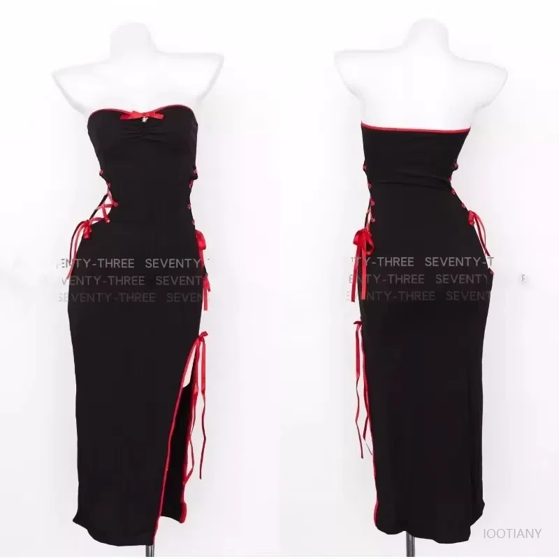 

Sexy Tight Split Lacing Strapless Long Hollow Dark Dress Anime Witch Uniform Cosplay Costume Cat Girl Nightdress Elegant Outfits