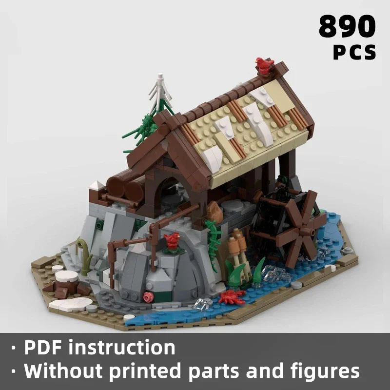 Charmant serpentin Viking, briques de scène, village nordique, moulin à bois, maison de bois, blocs diorama, construction modulaire mdieval moc uniqueC