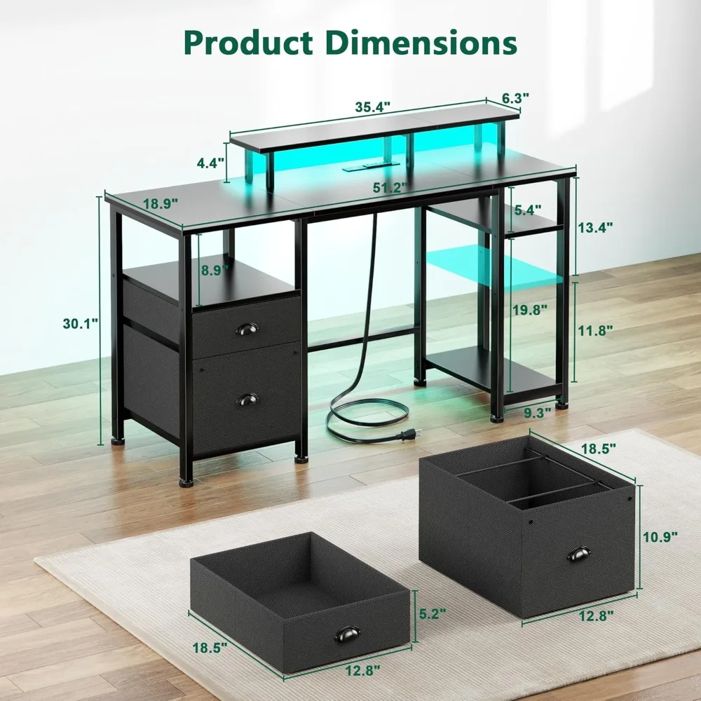 Gaming Desk with LED Lights and Power Outlets, Reversible Desk with File Cabinet and Monitor Stand for Home Office Use