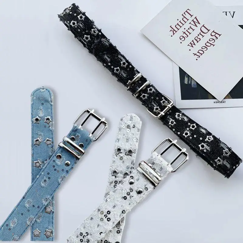 

Y2K Punk Star Eyelet Denim Black White Blue Waist Strap Double Row Hollow Waist Belt For Jeans Skirt Decor Gothic Waistband
