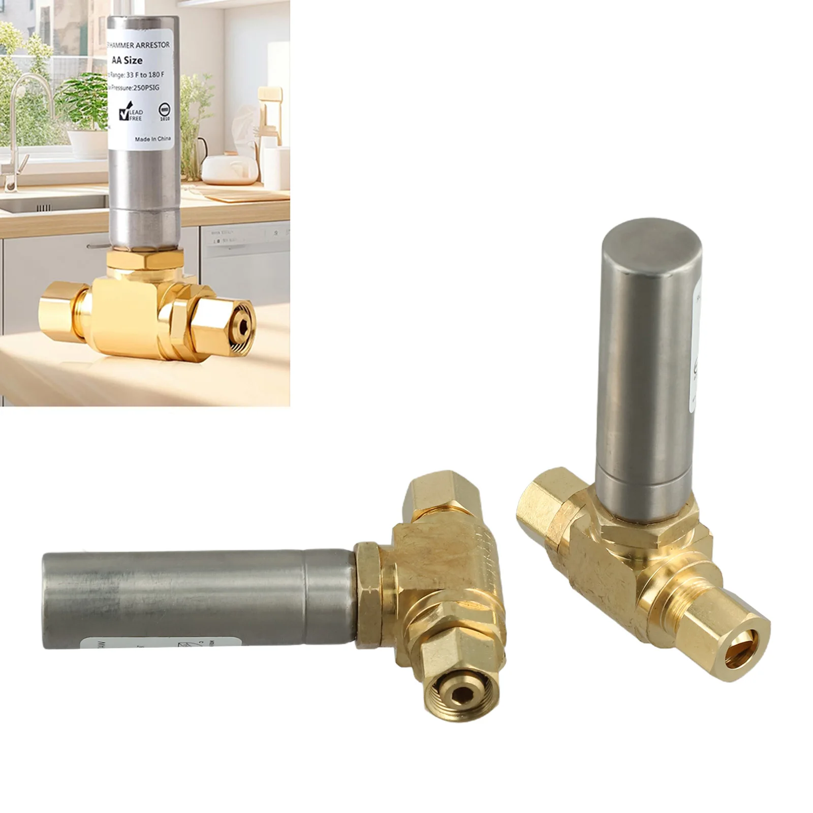 

2Pack Tee Stainless Steel Water Hammer Arrestor 3/8 Inch OD X 3/8 Inch FEM COMP Brass Core Noise Reduction Plumbing Fitting Part