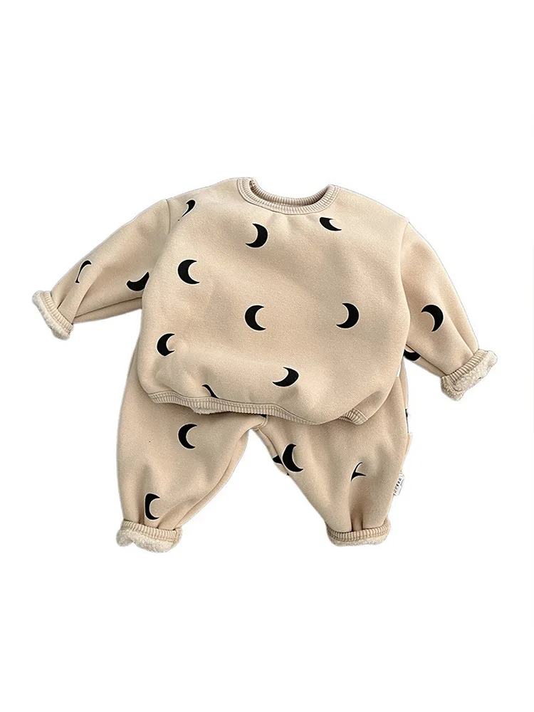 Autumn Winter Fashion Baby Plus Velvet Thicken Sweatshirt Set Boy Girl Children Fleece Moon Print Warm Cotton Tops + Pants 2pcs