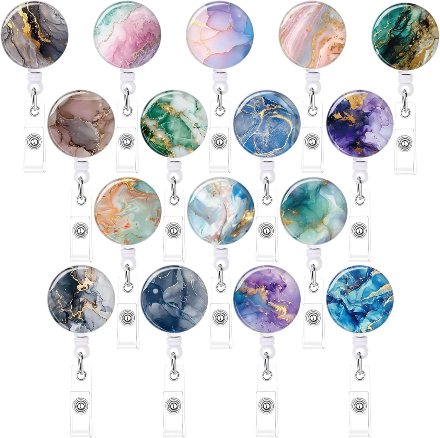 16PCS Marble Watercolor Badge Reels Cute Retractable Id Badge Holders Retractable Clip for Nurse Doctor Hospital Teacher Student