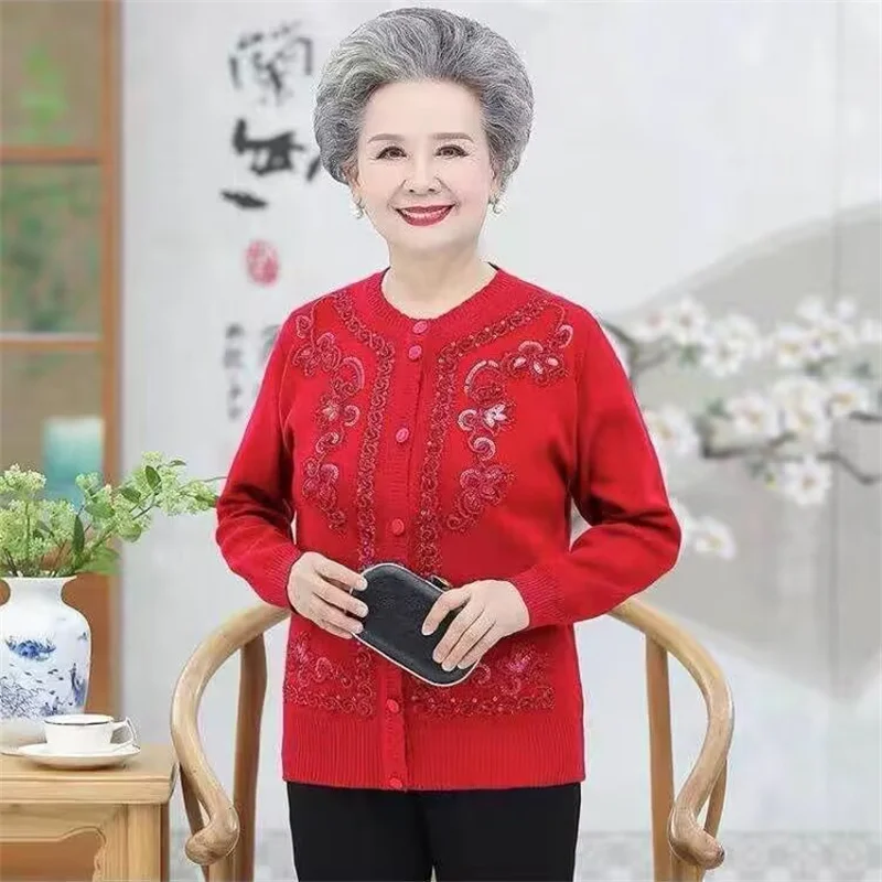 

Women Cardigan Sweater Spring Autumn Middle Aged Mother Long Sleeves Knitted Coat Grandma Cardigans Jackert Tops 4XL 1014