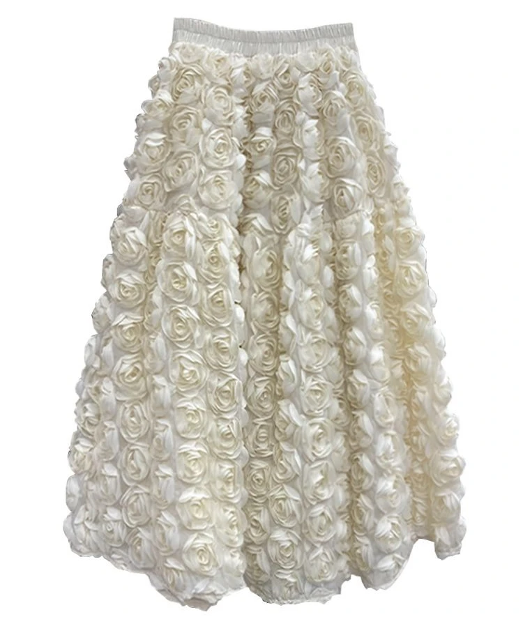 2025 Spring Summer Women High Waisted White Beige Black Applique Rose Flower A Line Skirt , Woman Designer Fashion Skirts