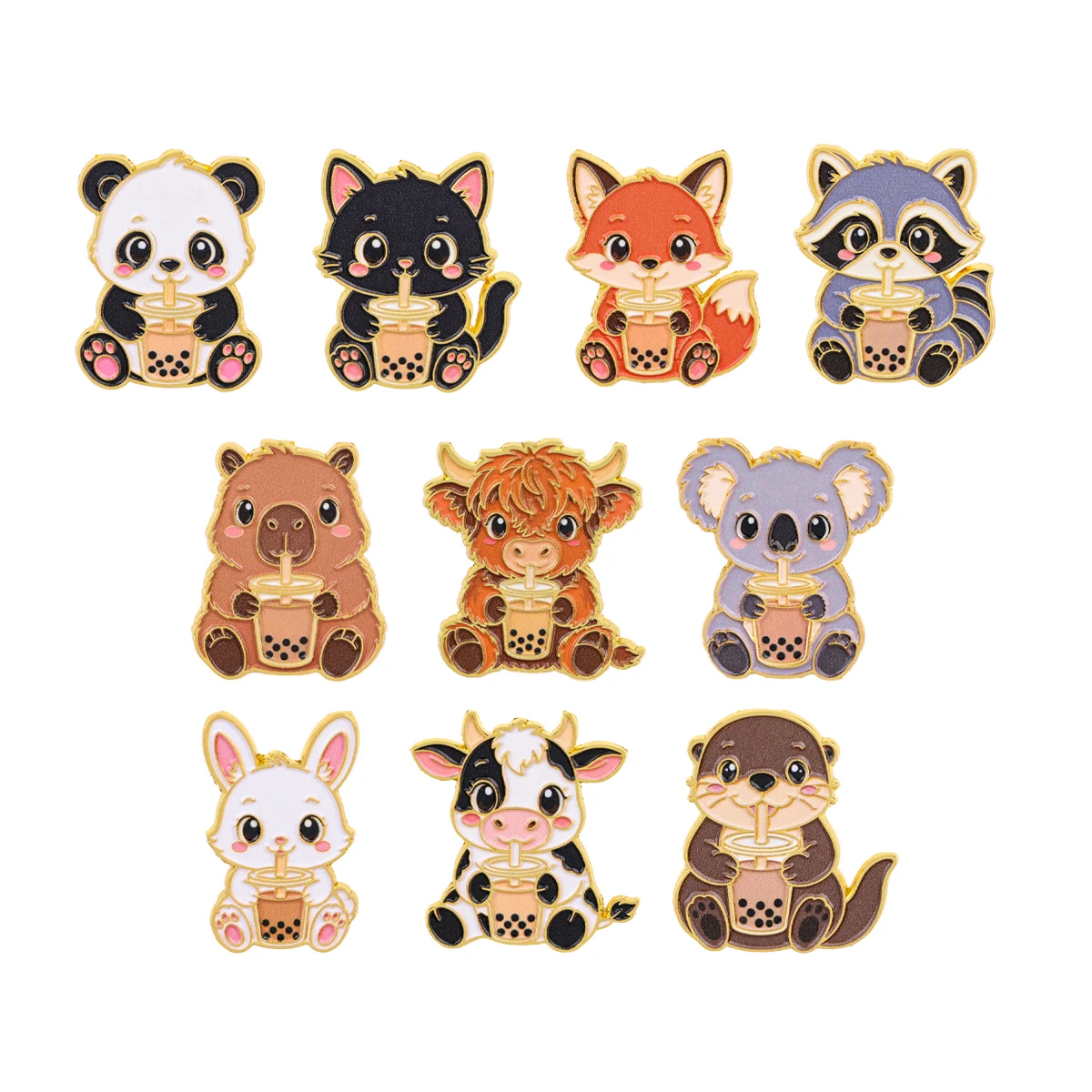 10er-Set Emaille-Pins mit Panda, Fuchs, Kaninchen, Kuh, Otter, Koala, Cartoon-Tier-Broschen für Mantelrevers, Metallabzeichen, Schmuckgeschenk – Detail 2
