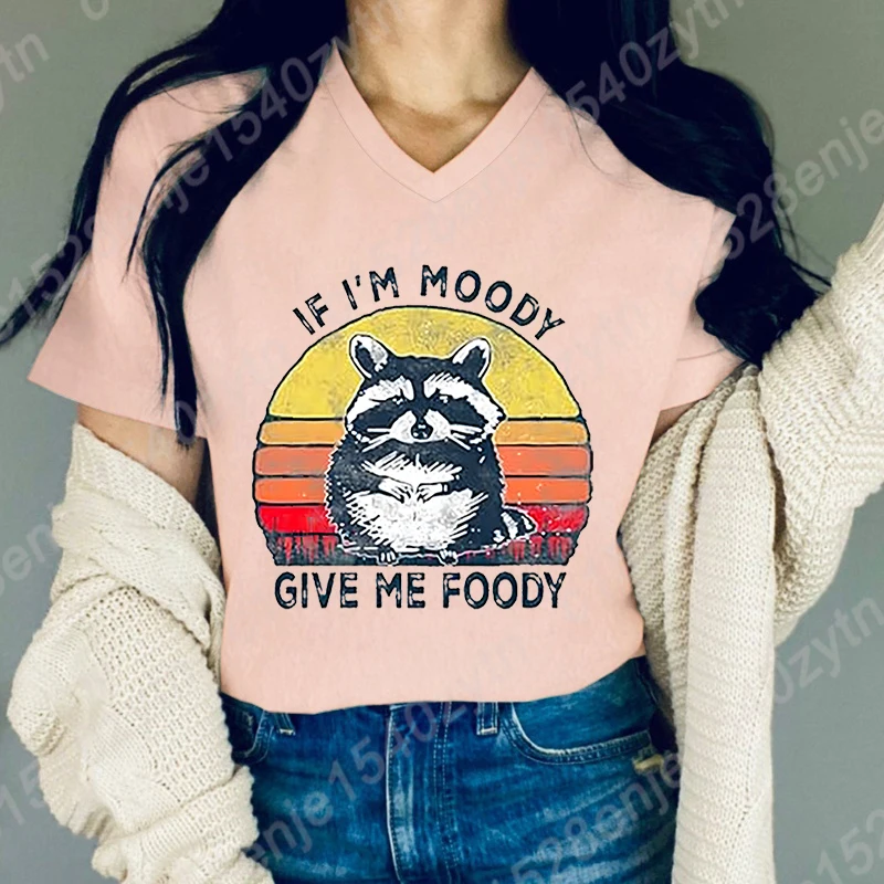 Women Fashion T-Shirt Racoon If I'm Moody Give Me Foody Print T-shirts Summer Casual Loose V-Neck Creative Personalized T-shirts