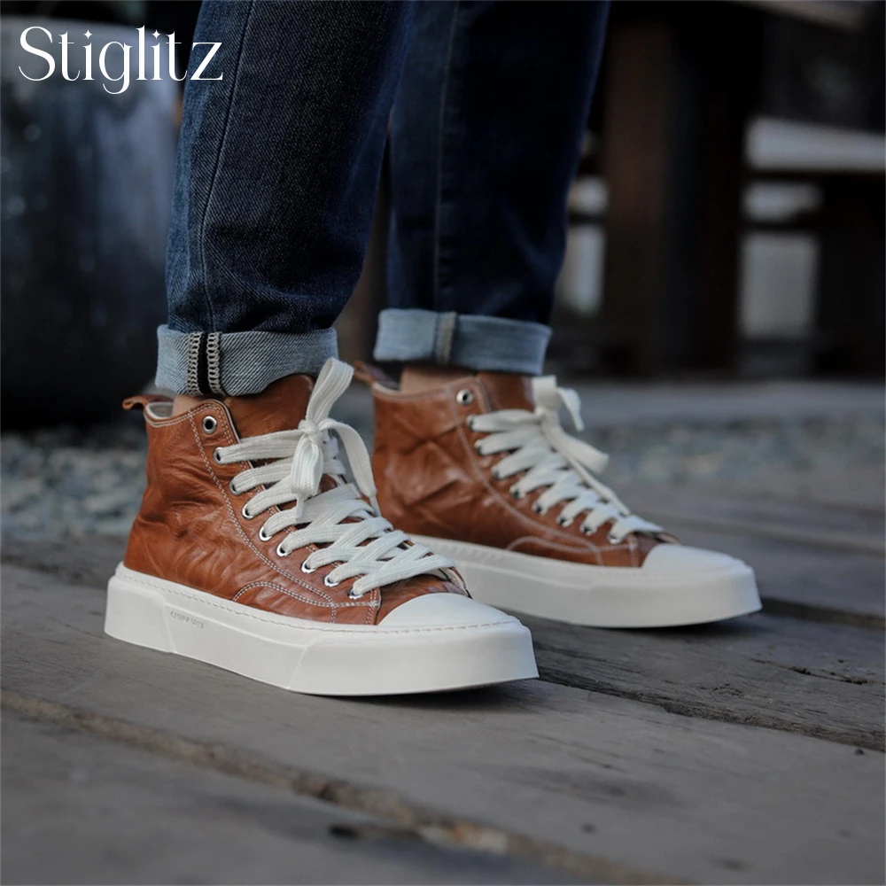 High-Top Genuine Leather Casual Shoes for Men Cowhide Lace-Up Business Casual Shoes Comfortable and Breathable Daily Footwear