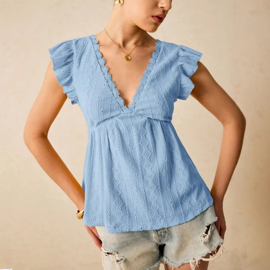 

Fashion V-Neck Ruffled Vest Women's Summer Solid Color T-Shirt Top Casual Pullover Clothes