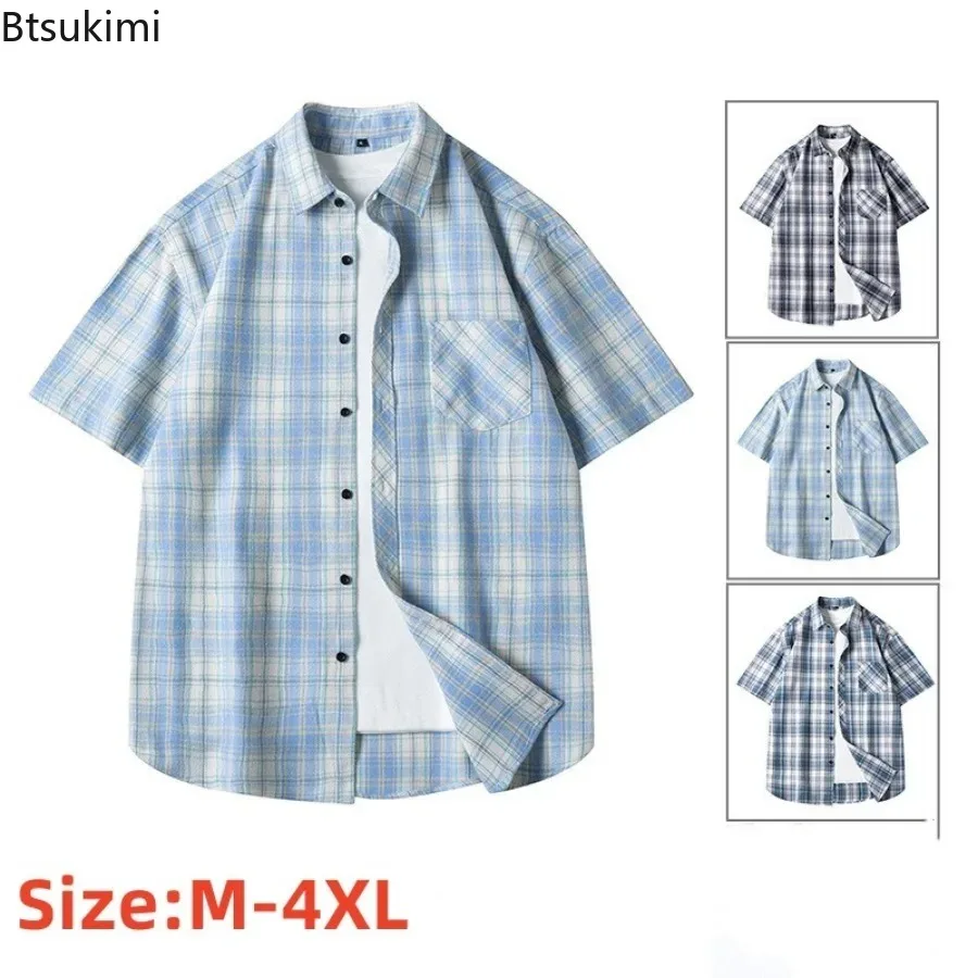 

2024 Men's Plaid Print Casual Shirt Comfortable Cotton Short Sleeve Shirt Coats Men Classic Vintage Loose Checkered Blouse Youth