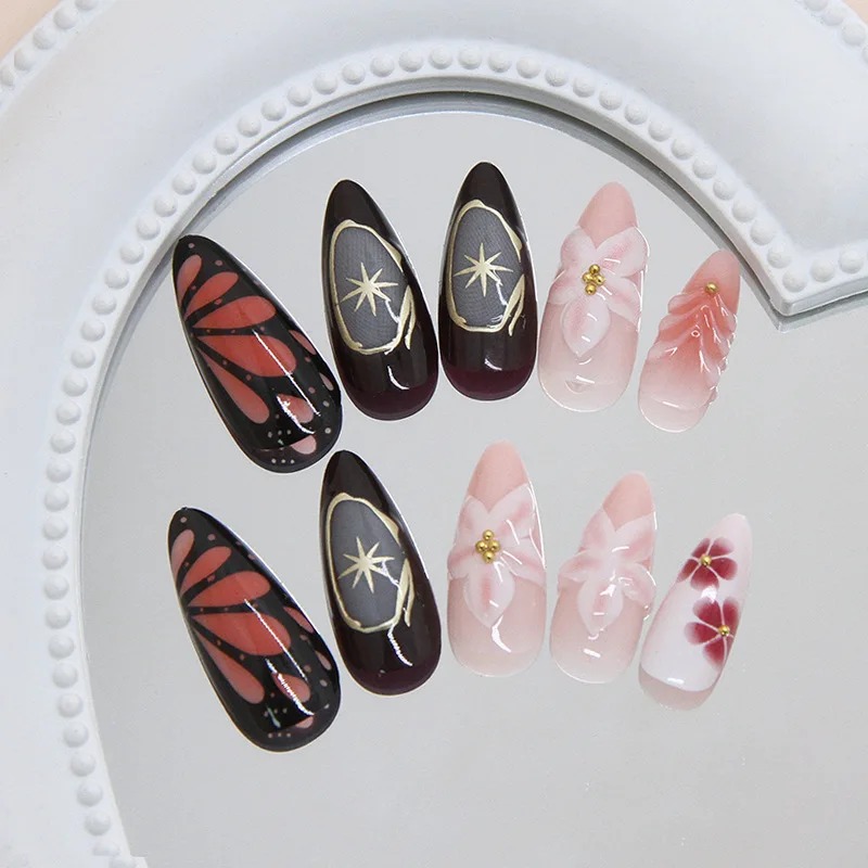 

24PCS Retro Autumn French False Nails 3D Ice Transparent Lily Almond Fake Nails Star Powder Blusher Press on Nails Art Tools