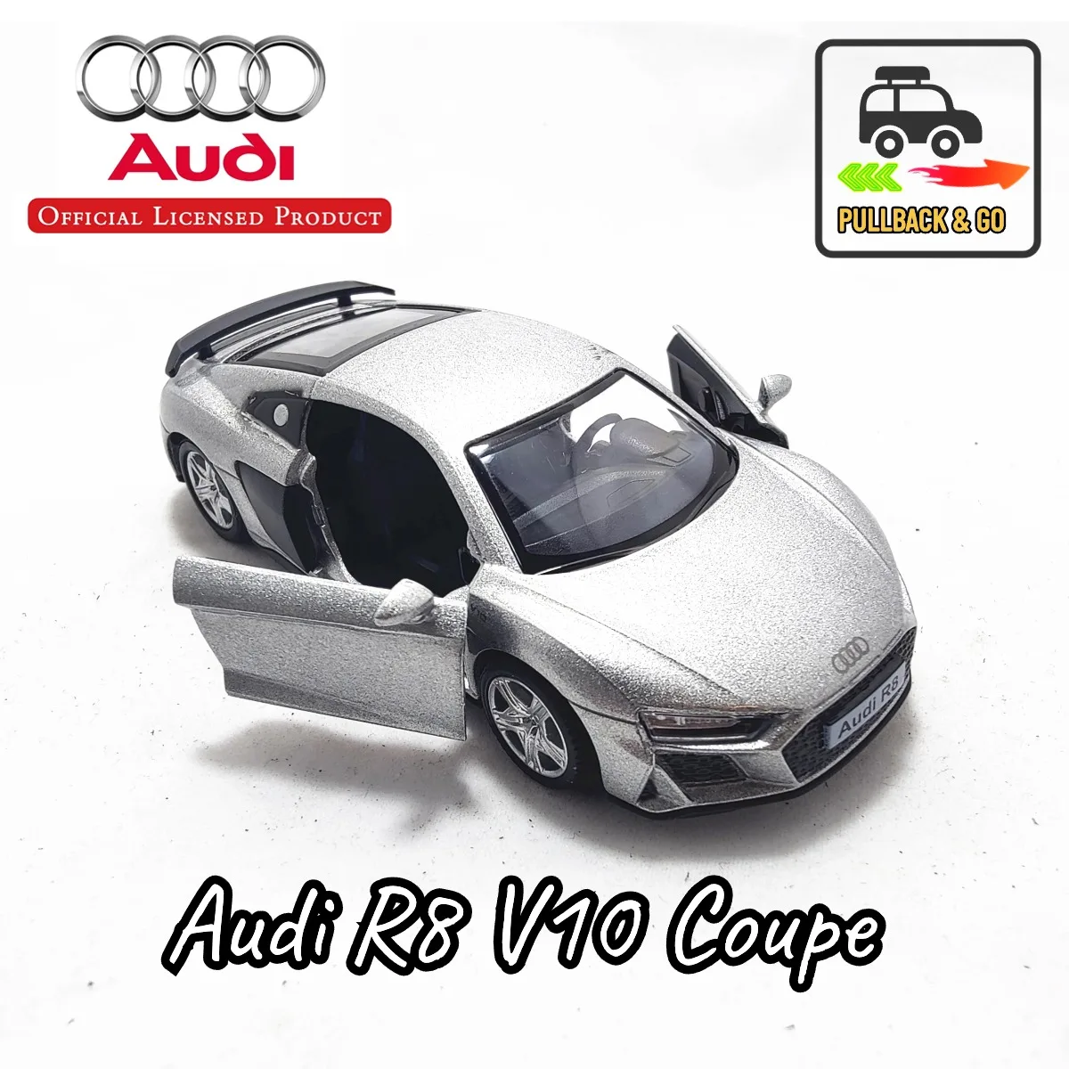 

1:36 Audi R8 V10 Pullback Toy Car Model Mechanic Replica Official Licensed Scale Diecast Miniature Art Xmas Kid Boy Gift