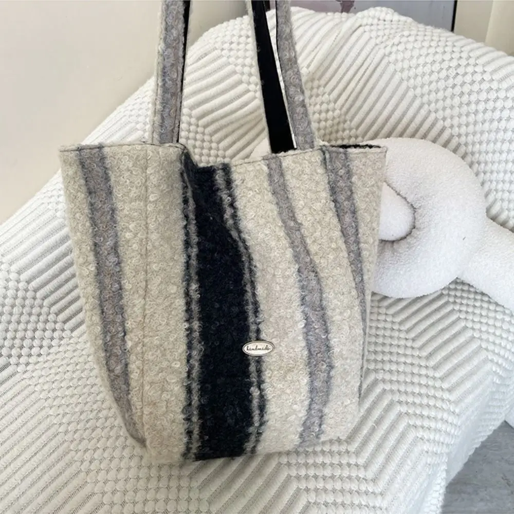 Casual Double-sided Tote Bag Striped Large Capacity Travel Shopping Bag Woolen Handbag