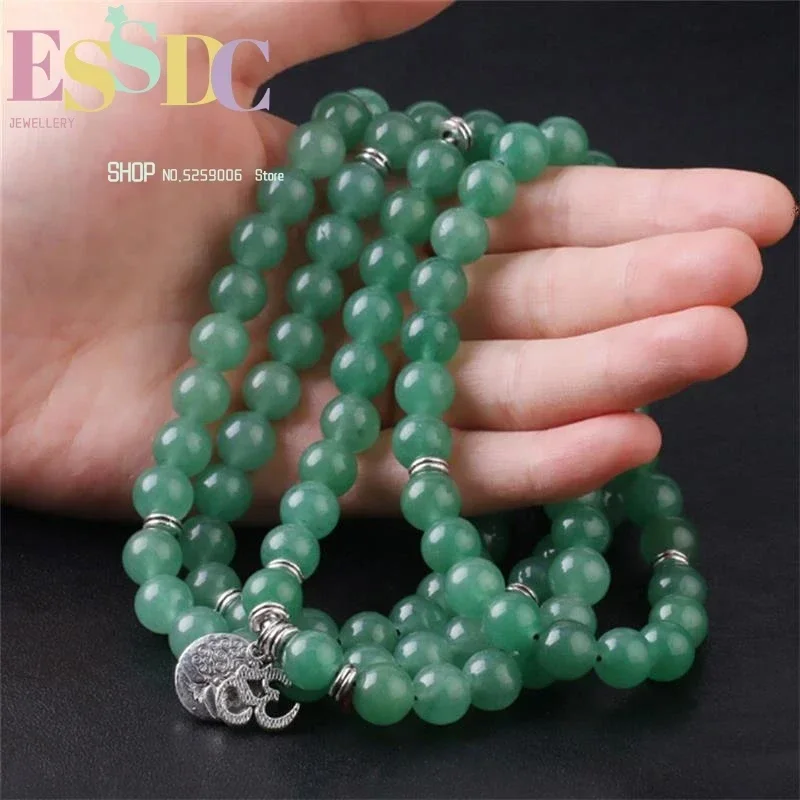 10mm Natural Green Dongling Stone 108 Beads Bracelet Yoga Tree of Life OM Pendant Necklace Meditation Jewelry for Men or Women