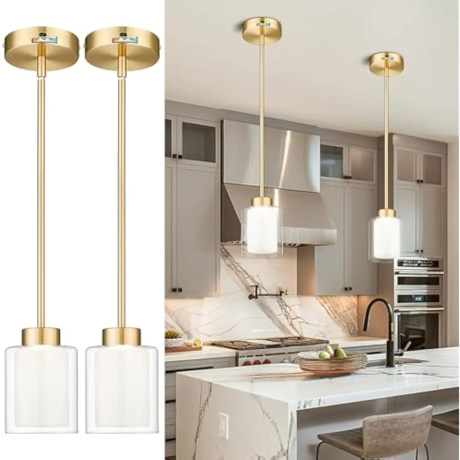 

2-Pack Pendant Light Fixtures, Gold Pendant Light with Dual Glass, Modern Led Pendant Light Fixture for Kitchen Island, Dining