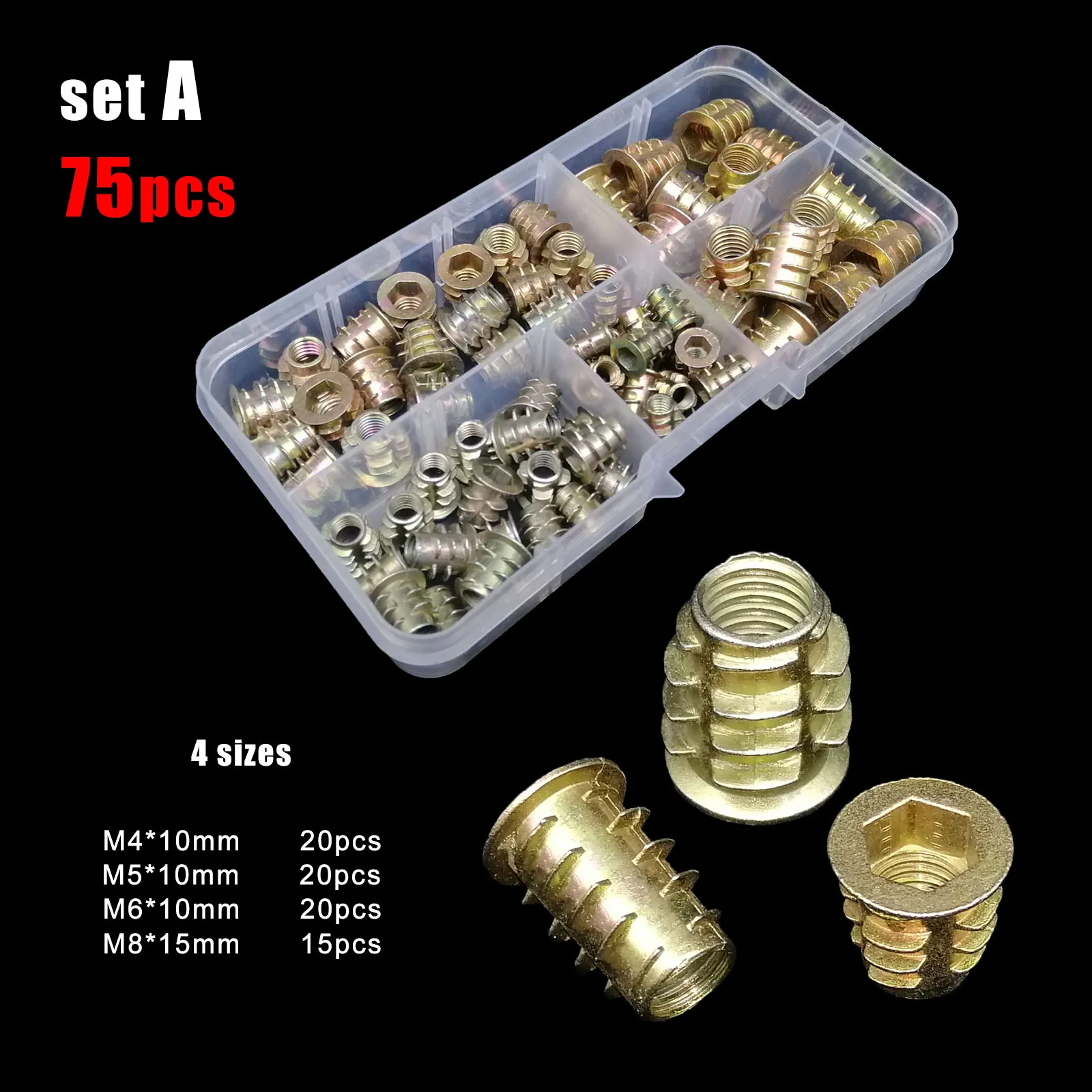 75/165pc M4 M5 M6 M8 M10 Metal Hexagon Hex Socket Allen Head Embedded Insert Nut E-Nut Assortment Set Kit Box for Wood Furniture