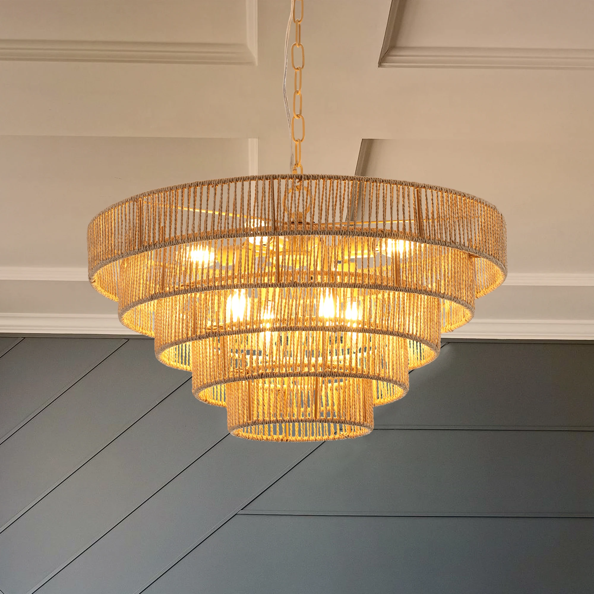 Bohemian style Woven Pendant Light 23.6 Inch Rattan Ligh Large Rattan Pendant Light with 5-Tier Rattan Chandelier